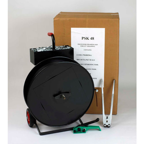 Pac Strapping Polyester Kit w/ Tensioner/Sealer/Seals & Cart, 4200'L x 5/8&quot; Strap Width Coil, Black