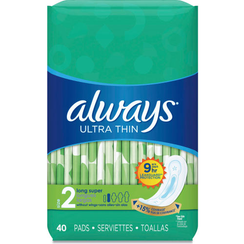 Always® Ultra Thin Pads, Super Long 10 Hour, 40/Pack, 6 Packs/Carton