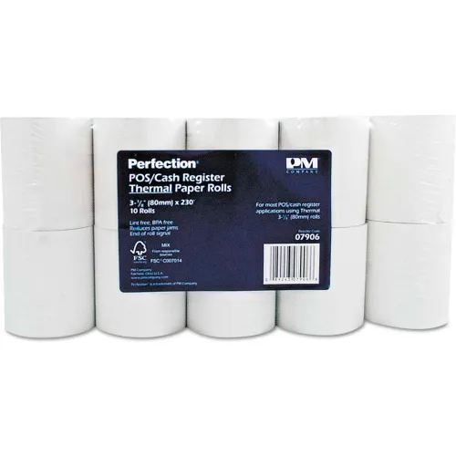 PM Company® Single-Ply Thermal Cash Register/POS Rolls 07906, 3-1/8 x 230',  White, 10/Pack