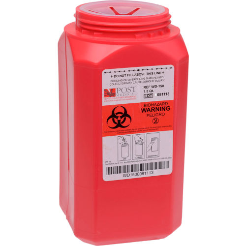 Post Medical 1.5 Quart Leak-tight Sharps Container with Locking Screw Cap, Red, 24/CS
