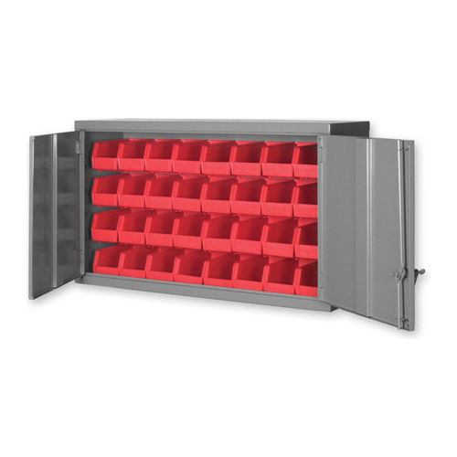 Global Industrial™ Wall Bin Cabinet W/ 32 Yellow Bins, 48"W x 14"D x 27"H, Putty