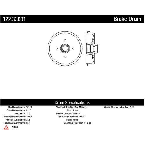 Centric Premium Brake Drum, Centric Parts 122.33001