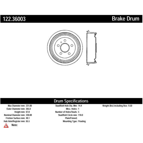 Centric Premium Brake Drum, Centric Parts 122.36003