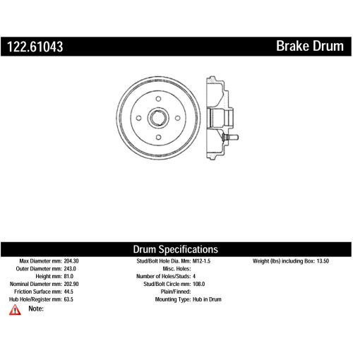 Centric Premium Brake Drum with Bearing, Centric Parts 122.61043
