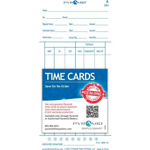 Pyramid Time Systems™ Time Card For Model 3800 Auto Totaling Time Clock