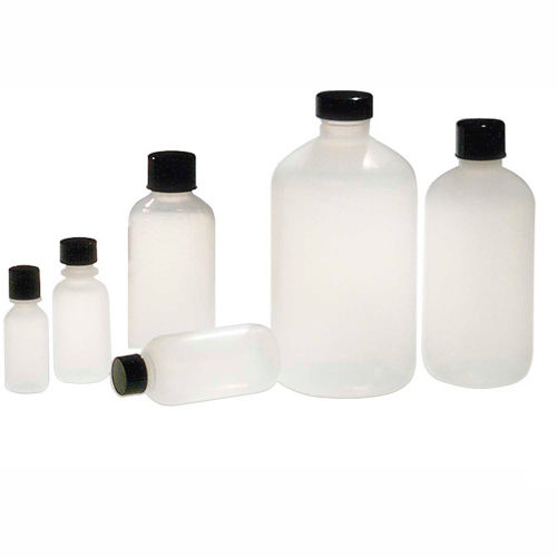 Qorpak PLC-03661 2oz (60ml) Natural LDPE Boston Round Bottle with 18-410 Black Cap, Case of 48