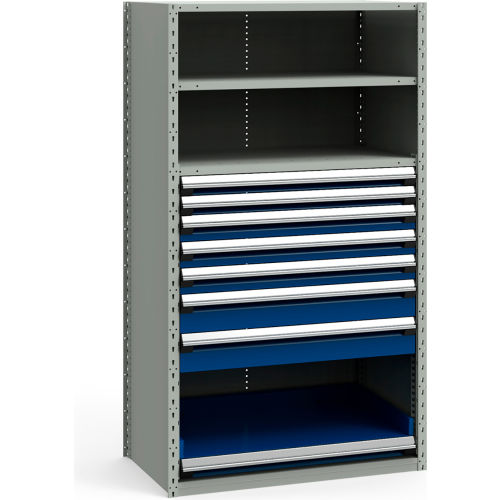 Rousseau Metal Steel Shelving 435/8"Wx24"Dx75"H Closed 4 Shelf 7 Drawer Gray With Blue Drawers