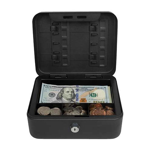 Royal Sovereign Compact Cash Box RSCB-100, 4-Compartment, 7-7/8"W x 6-1/2"D x 3-1/2"H Black