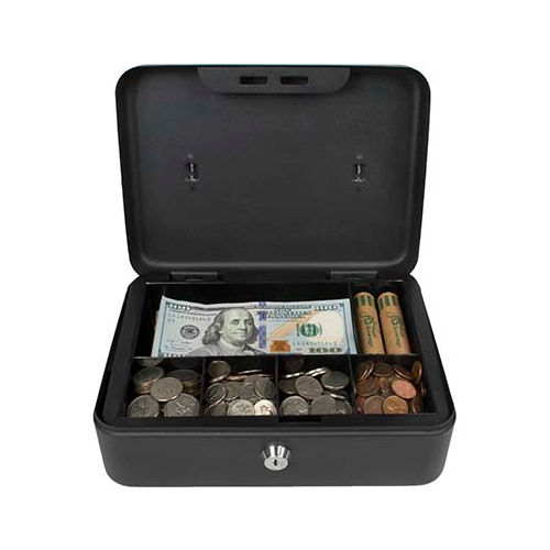 Royal Sovereign Full-Size Cash Box RSCB-200, 6-Compartment, Tray, 9-13/16"Wx7-3/8"D x 3-7/8"H Black
