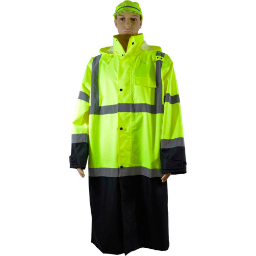 Petra Roc LBRC-48-C3-XL 48 in. Lime \u0026 Black Bottom Two Tone Waterproof Rain COAT; ANSI Class 3; Roll Away Hood; Exrta Large