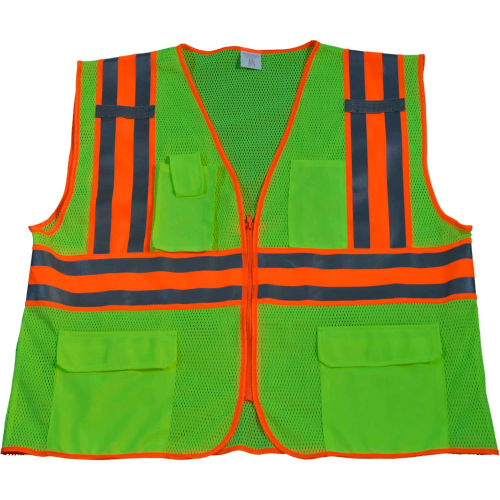 Petra Roc Two Tone DOT Safety Vest W/1&quot; Reflective Tape, Class 2, Polyester Mesh, Lime, S/M