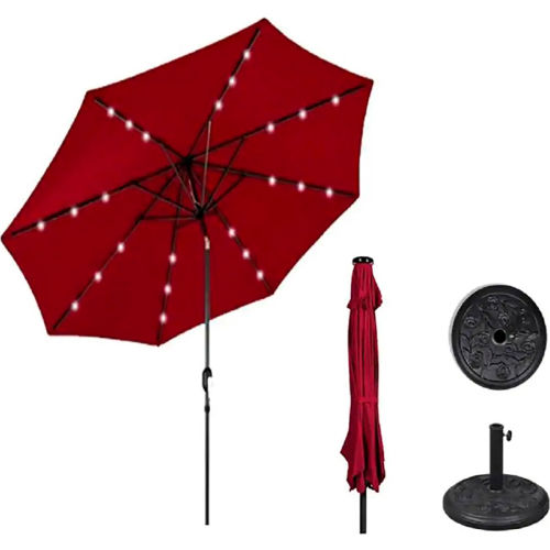 AZ Patio Heaters Solar Market Umbrella w/ LED Lights and Base, Crank