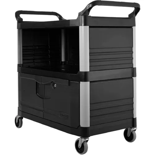 Rubbermaid Xtra Black Utility Carts Three shelves; With lockable  doors/sliding