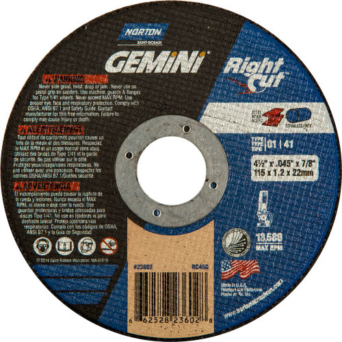 Norton 66252823602 Gemini Right Angle Cut-Off Wheel 4-1/2&quot; x .045&quot; x 7/8&quot; 36 Grit Alum. Oxide Type 1 - Pkg Qty 25