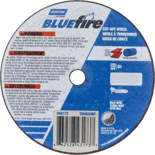 Norton 66252843173 BlueFire Small Diameter CutOff Wheel 4" x .035" x 3