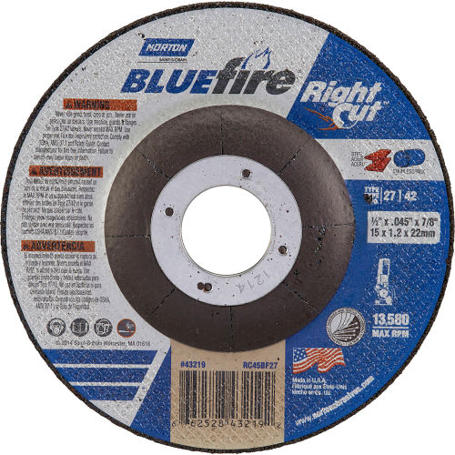 Norton 66252843219 BlueFire Cutting Wheel 4-1/2&quot; x 1/16&quot; x 7/8&quot; Zirconia Alumina / Aluminum Oxide - Pkg Qty 25