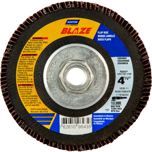 Norton 66261098290 Blaze Fiberglass HD Flat Flap Disc T27 4-1/2" x 5/8 - 11" 40 Grit Gel Ceramic - Pkg Qty 10