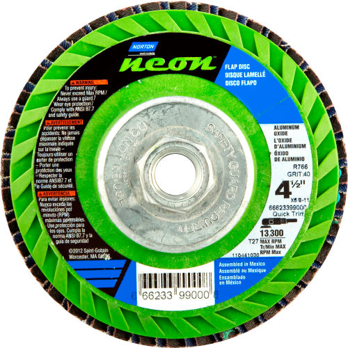 Norton 66623399002 Neon Plastic Flat Flap Disc T27 4-1/2" x 5/8 - 11" P80 Grit Zirconia Alumina - Pkg Qty 10