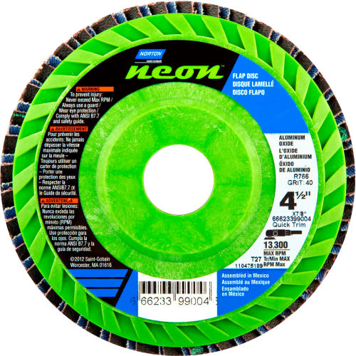 Norton 66623399005 Neon Plastic Flat Flap Disc T27 4-1/2&quot; x 7/8&quot; P60 Grit Zirconia Alumina - Pkg Qty 10