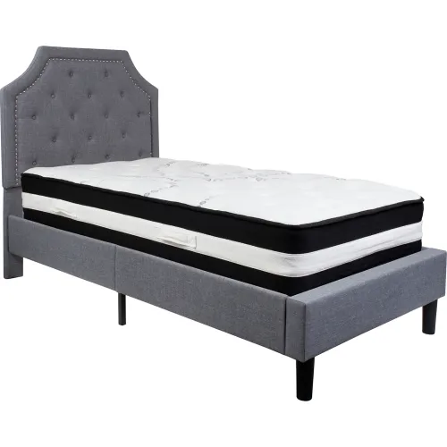 Flash Furniture Brighton Tufted Upholstered Platform Bed, Lgt Gry, With Pocket Spring Mattress, Twin