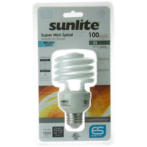 Sunlite&#174; 00826-SU SMS23/65K 23W Super Mini Spiral CFL Light Bulb, Medium Base, Daylight - Pkg Qty 24