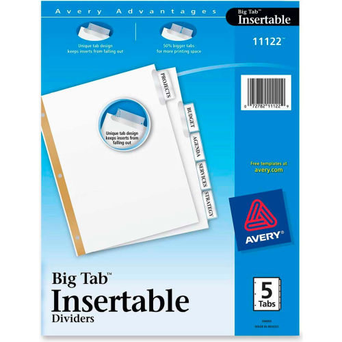 Avery WorkSaver Big Tab Insertable Tab Divider, Printon, 8.5"x11", 5
