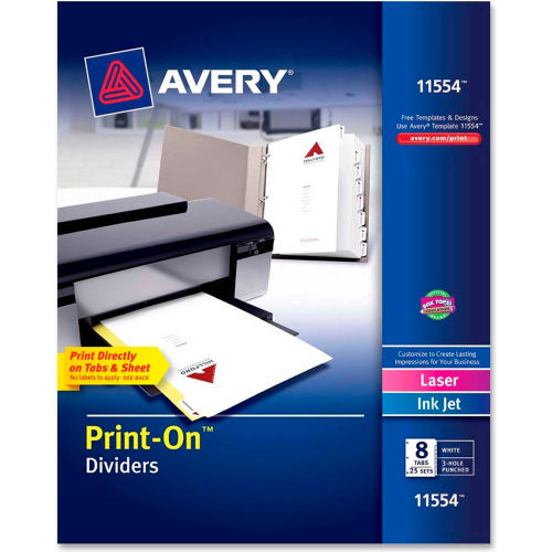 Avery Customizable Print-On Divider, 8.5&quot;x11&quot;, 8 Tabs, 25 Sets, White/White