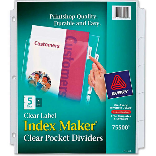 Avery Index Maker 5Tab Clear Pocket View Divider, Printon, 8.5"x11