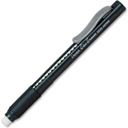 Pentel&#174; Clic Eraser, Retractable, Pocket Clip, Rubber Grip, Black Barrel