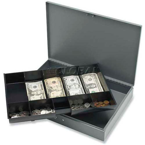 Sparco Steel Cash Box 15500 w/10 Compartment Tray, Keyed Lock  10-1/2&quot;W x 15&quot;D x 2&quot;H, Gray