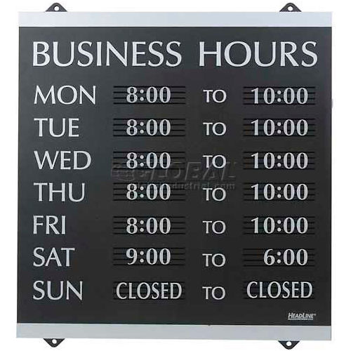 U.S. Stamp & Sign Business Hours Sign, 4247, W/176 3/4&quot; Characters, 14&quot; X 13&quot;, Black/Silver