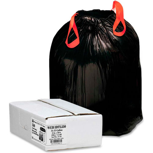 Bulk Outdoor Drawstring Trash Bags Black, 33 Gallon, 1.2 Mil, 150 Bags/Box