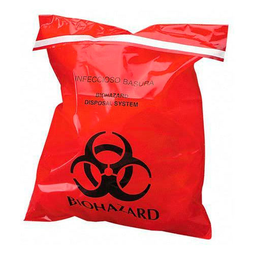 Red Stick-On Biohazard Waste Bags, 2 mil, 12&quot;W x 14&quot;L, 100/Box