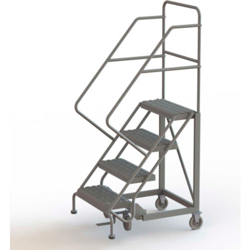 4 Step 24"W Steel Safety Angle Rolling Ladder, Grip Strut, Gray