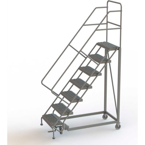 7 Step 24"W Steel Safety Angle Rolling Ladder, Perforated Tread, Gray