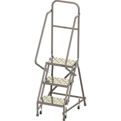 3 Step 16"W 10"D Top Step Steel Rolling Ladder, Perforated Tread, 42" Handrail - KDSR103166