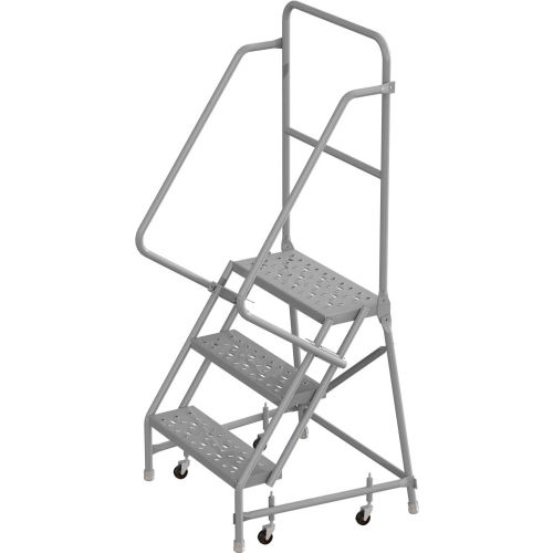 3 Step 24"W 10"D Top Step Steel Rolling Ladder, Perforated Tread, 42" Handrail - KDSR103246