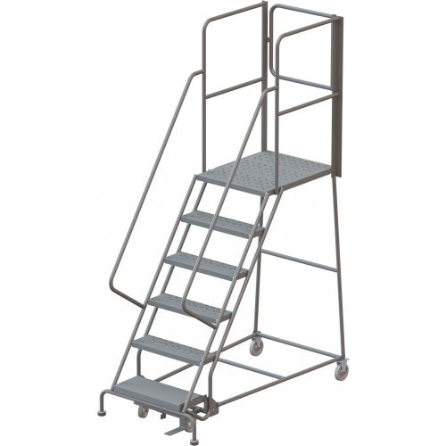 6 Step Steel Rolling Ladder W/Rear Exit Walk Off Gate, 24&quot;W X 30&quot;D Plat. Perforated - KDSR106246-XR