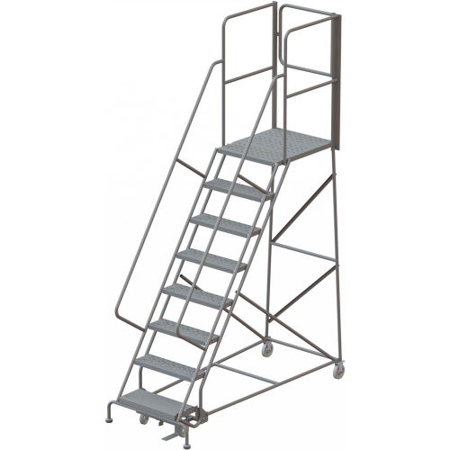 8 Step Steel Rolling Ladder W/Rear Exit Walk Off Gate, 24&quot;W X 30&quot;D Plat. Perforated - KDSR108246-XR