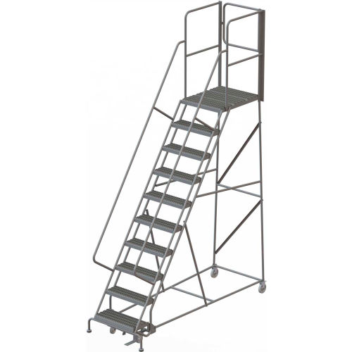 10 Step Steel Rolling Ladder W/Rear Exit Walk Off Gate, 24&quot;W X 30&quot;D Plat. Serrated - KDSR110242-XR