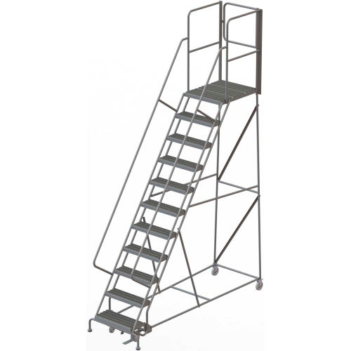 11 Step Steel Rolling Ladder W/Rear Exit Walk Off Gate, 24&quot;W X 30&quot;D Plat. Serrated - KDSR111242-XR