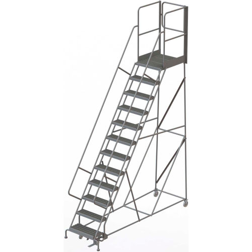 12 Step Steel Rolling Ladder W/Rear Exit Walk Off Gate, 24&quot;W X 30&quot;D Plat. Serrated - KDSR112242-XR