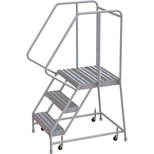 3 Step Aluminum Rolling Ladder, 24&quot;W Ribbed Tread, 21&quot;D Top Step, 32&quot; Handrails - WLAR103244-D4