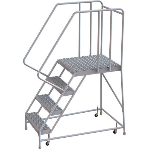 4 Step Aluminum Rolling Ladder, 24&quot;W Grip Tread, 28&quot;D Top Step, 32&quot; Handrails - WLAR104245-D5