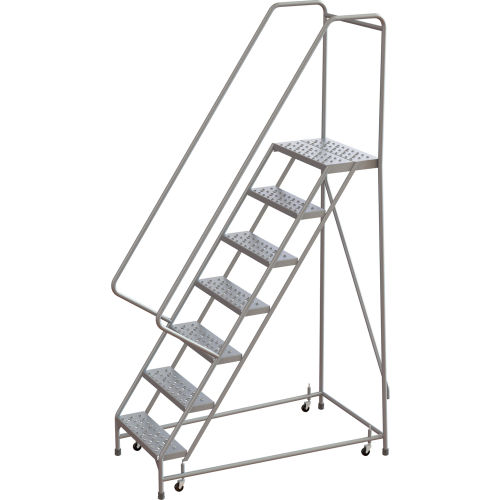 Tri-Arc Rolling Ladder, 7 Step, Aluminum, Perforated, 14