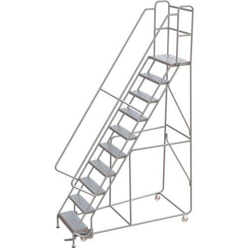 Tri-Arc Rolling Ladder, 10 Step, Aluminum, Perforated, Lock Step, 14