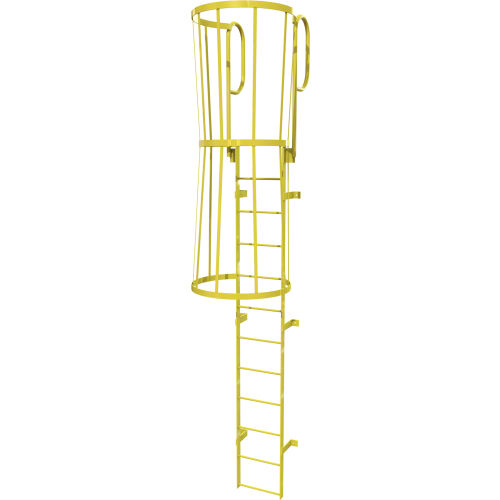 12 Step Steel Caged Walk Through Fixed Access Ladder, Yellow - WLFC1212-Y