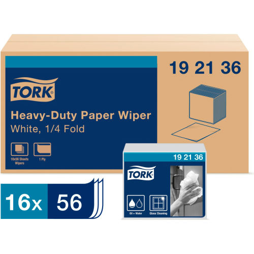 Tork Heavy-Duty Paper Wiper 1/4 Fold, 13" x 12.5", White, 56/Pack, 16/Case - 192136