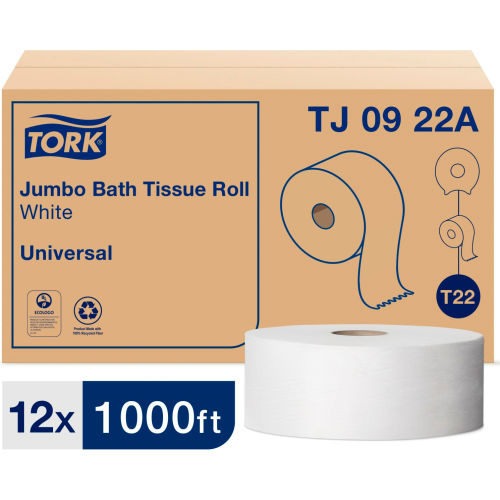 Tork Universal Jumbo Bath Tissue, 2-Ply, White, 3.6" x 1000 ft, 8.8" Dia, 12/Case - TJ0922A