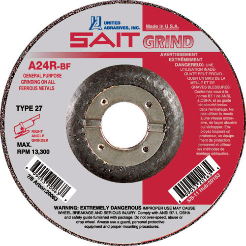 United Abrasives - Sait 20063 Depressed Center Wheel T27 4-1/2&quot;x 1/4&quot; x 7/8&quot; 24 Grit Alum. Oxide - Pkg Qty 25